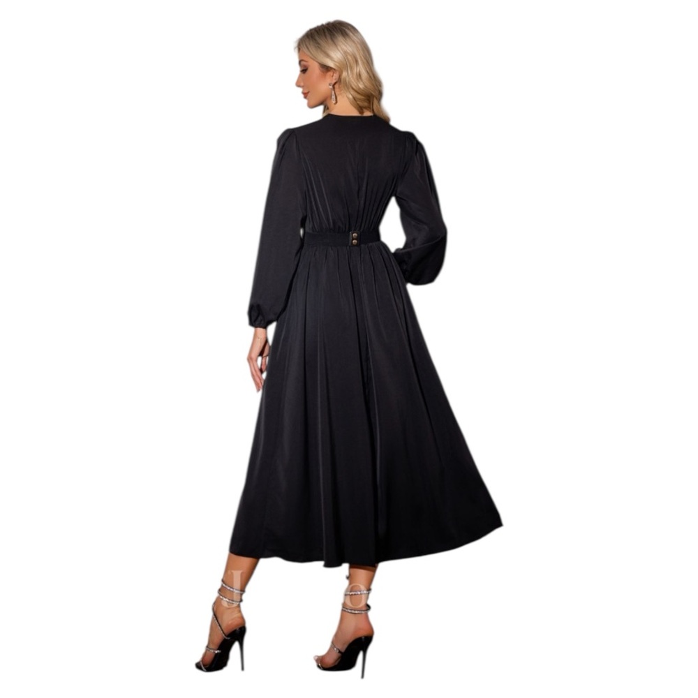NWT JJ’s House V-Neck Long Sleeve A-line Satin Midi Dress in Black Size Small - Picture 2 of 8